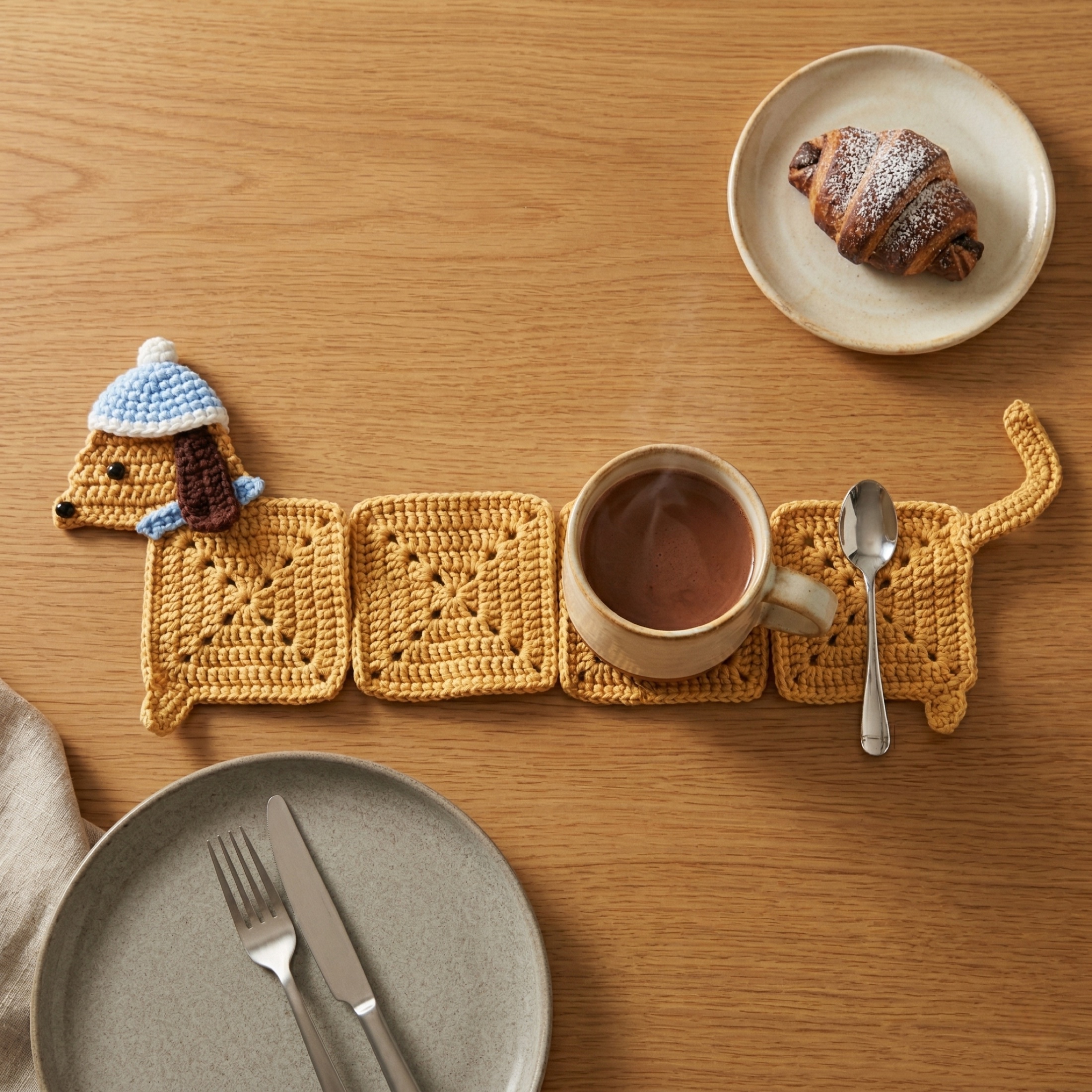 LOOPPET dachshund coaster protecting a wooden table during coffee time