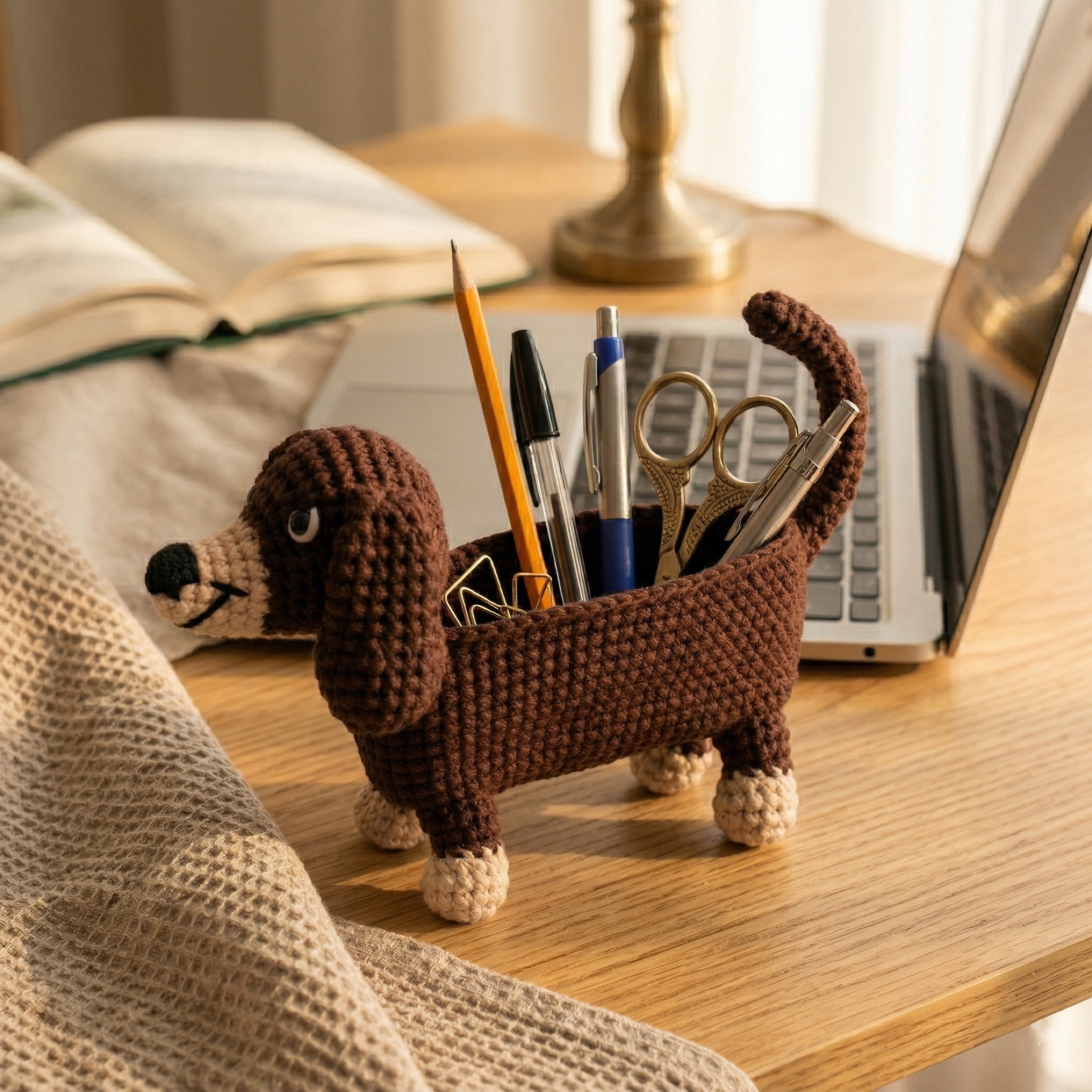 LOOPPET dachshund desk organizer holding pens and tools on a warm desk