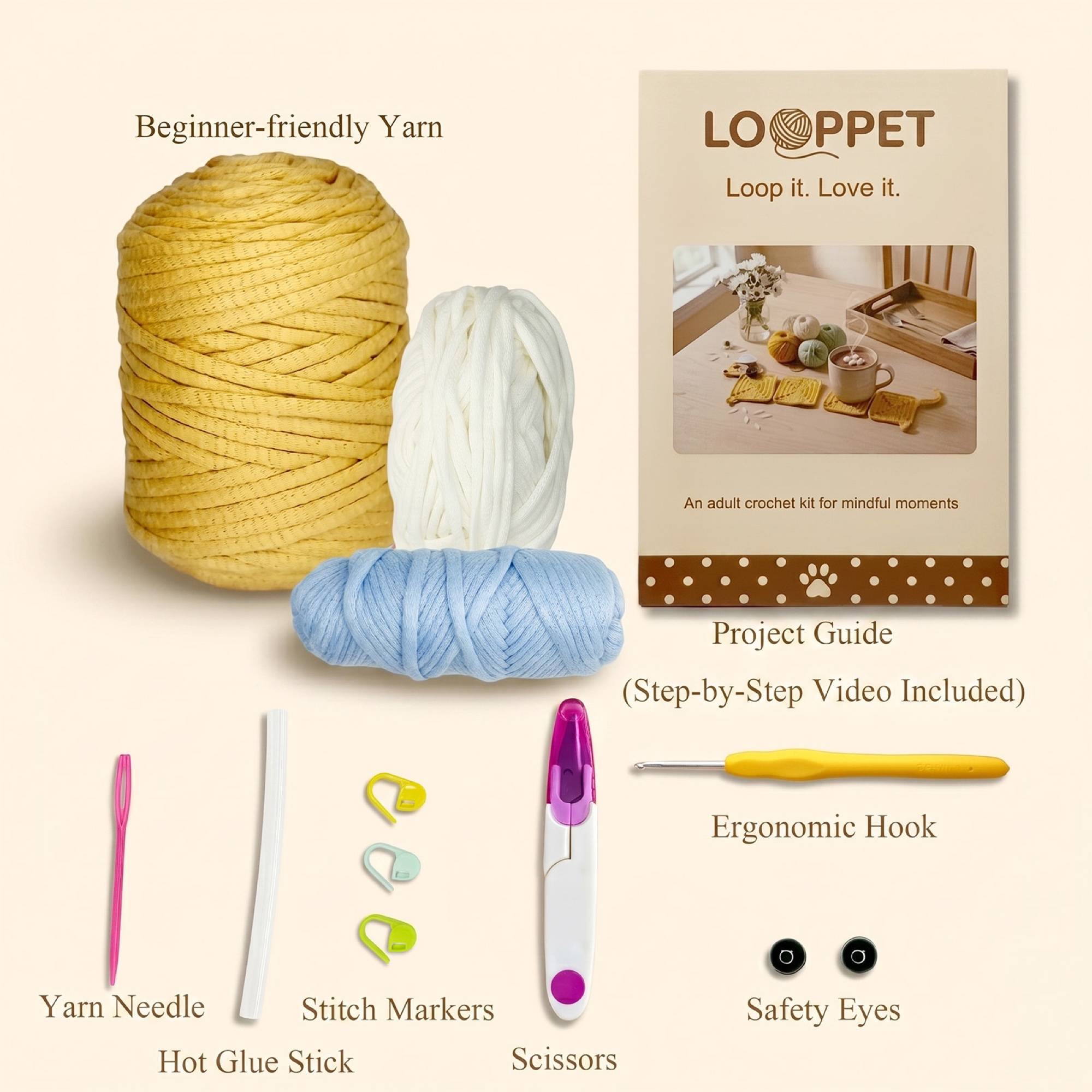 Materials included in the dachshund coaster crochet kit
