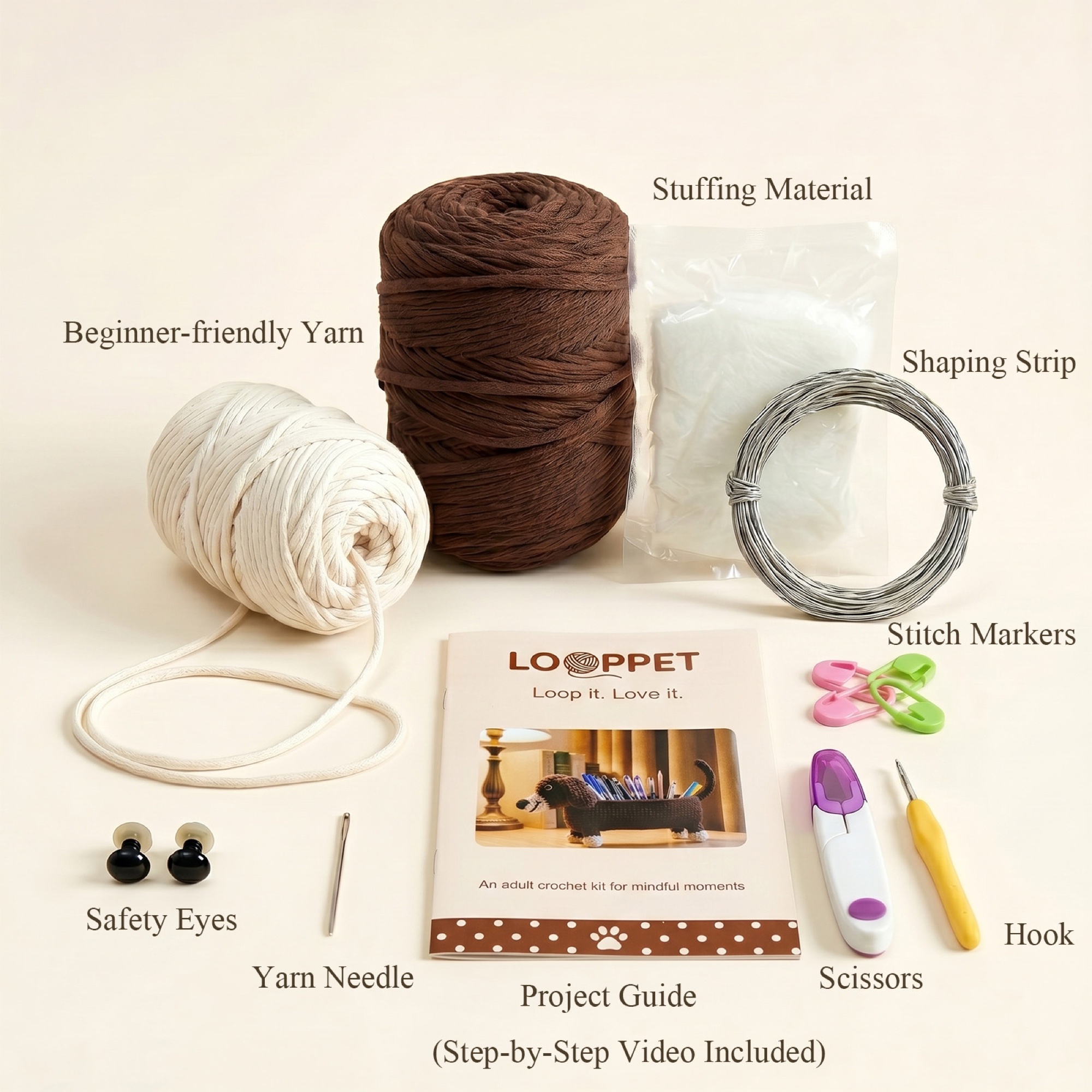 Materials included in the dachshund organizer crochet kit