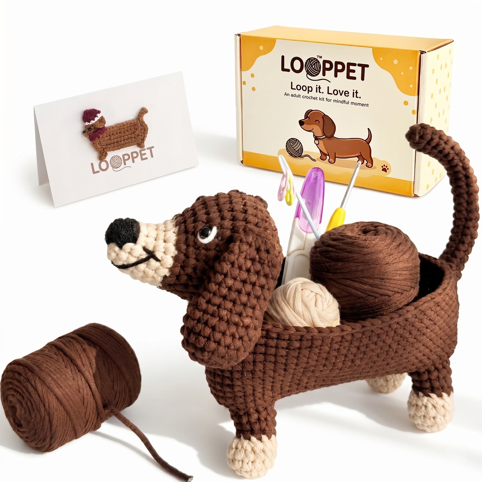 LOOPPET dachshund desk organizer crochet kit with yarn, hook, guide, and finished holder