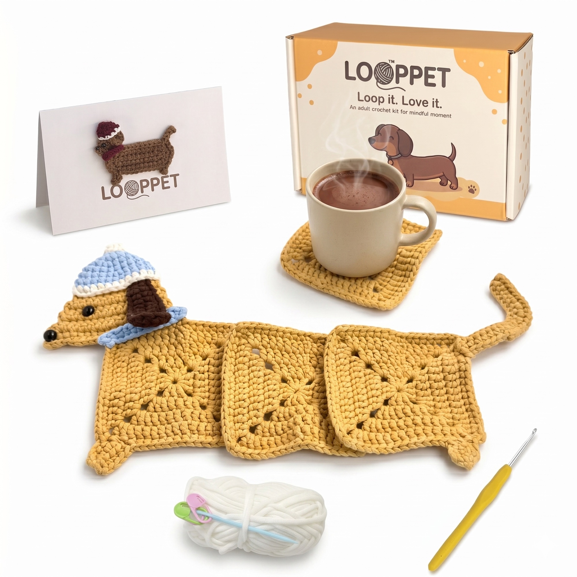 LOOPPET dachshund coaster crochet kit with finished dog-shaped coaster and mug