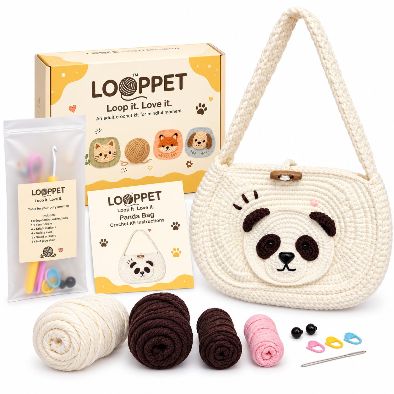 LOOPPET cream panda shoulder bag kit with yarn, tools, and printed guide