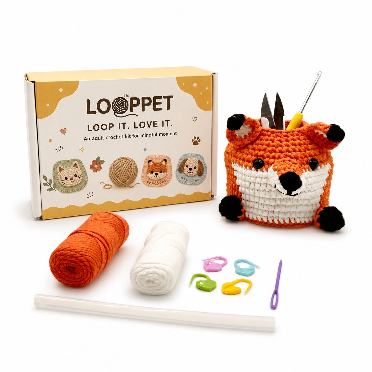 LOOPPET orange and white fox pen holder crochet kit with yarn, tools, and guide