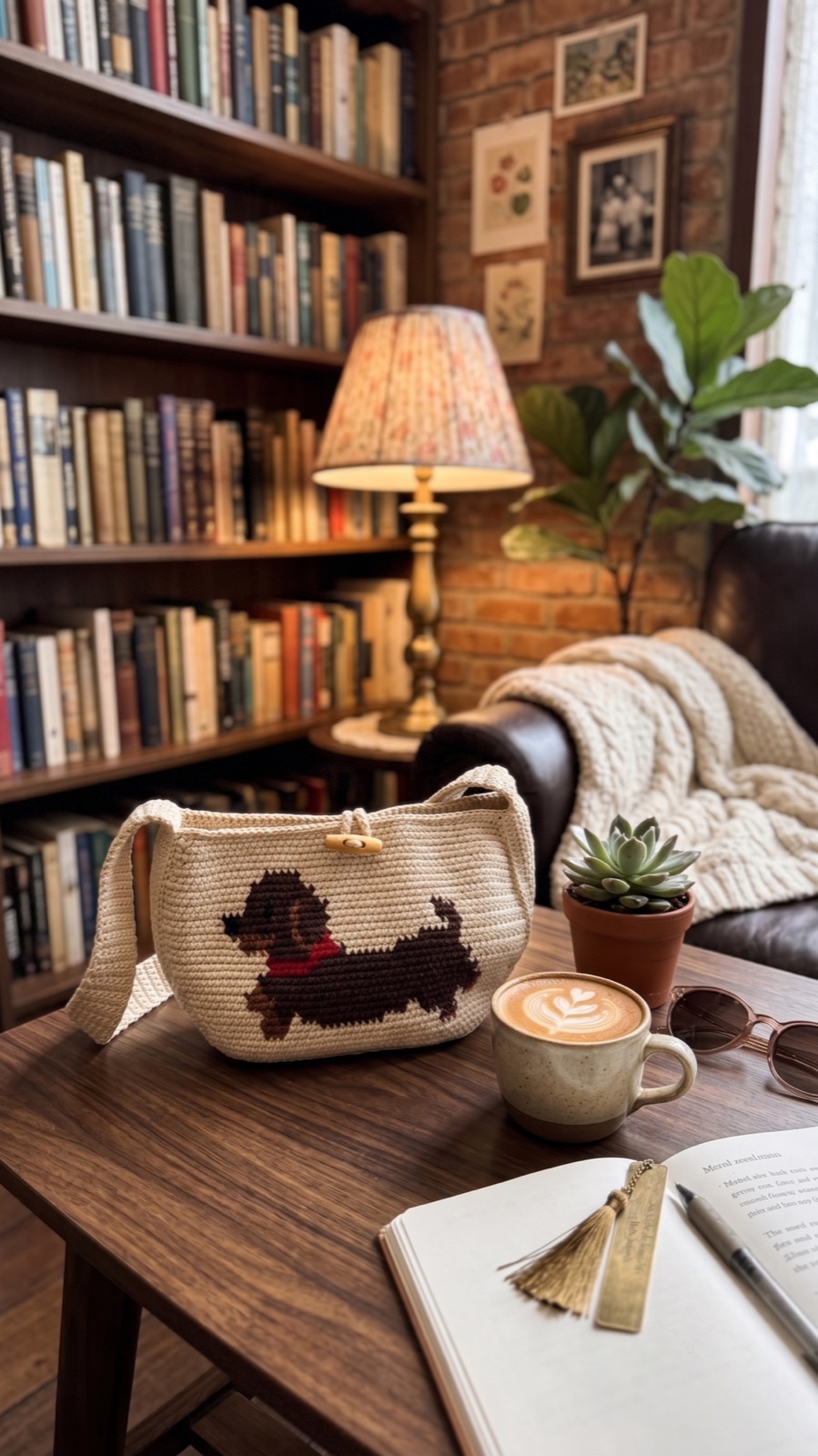 Dachshund everyday crochet bag in a warm library scene