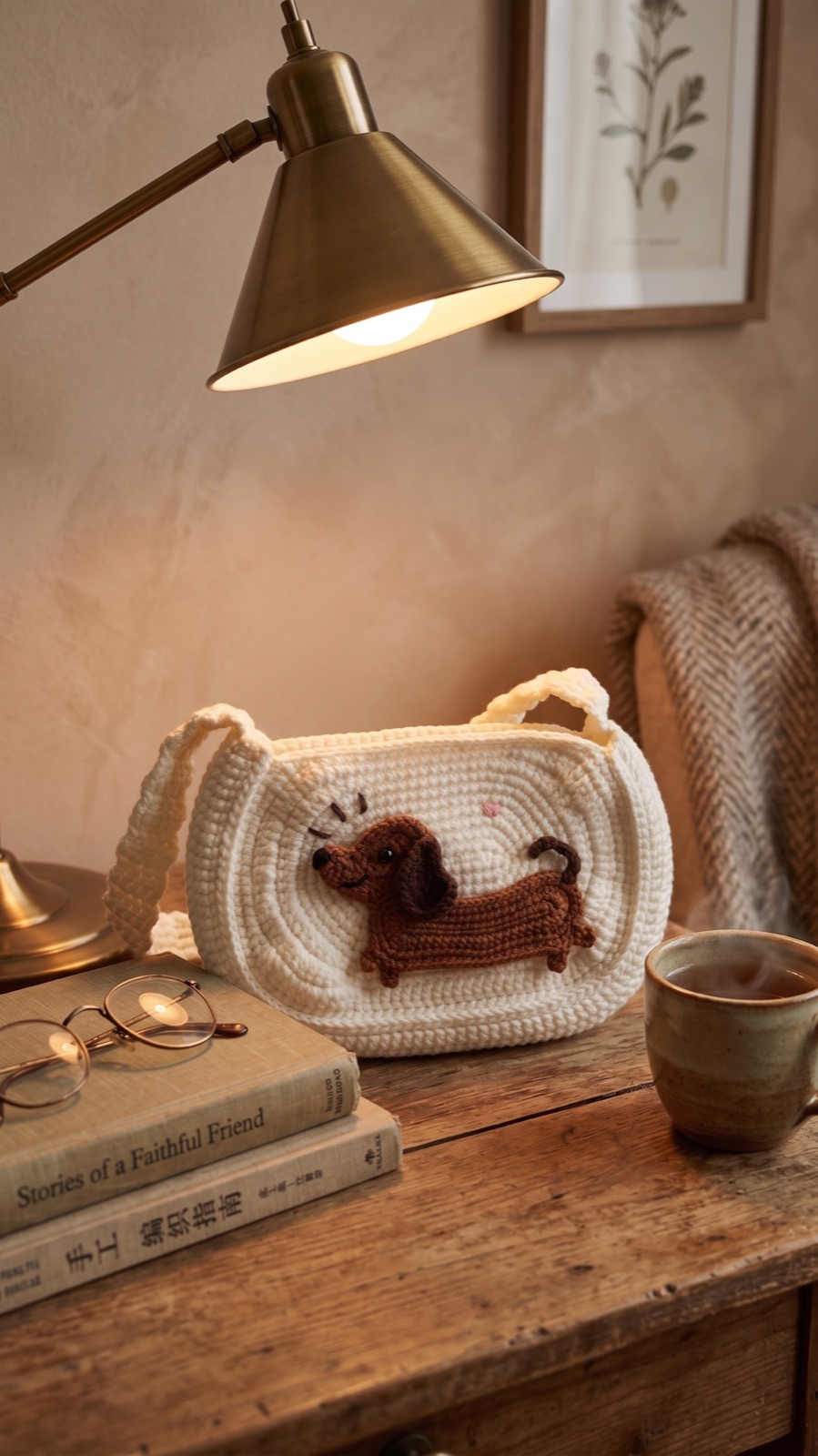 White dachshund shoulder bag crochet kit in a cozy reading corner