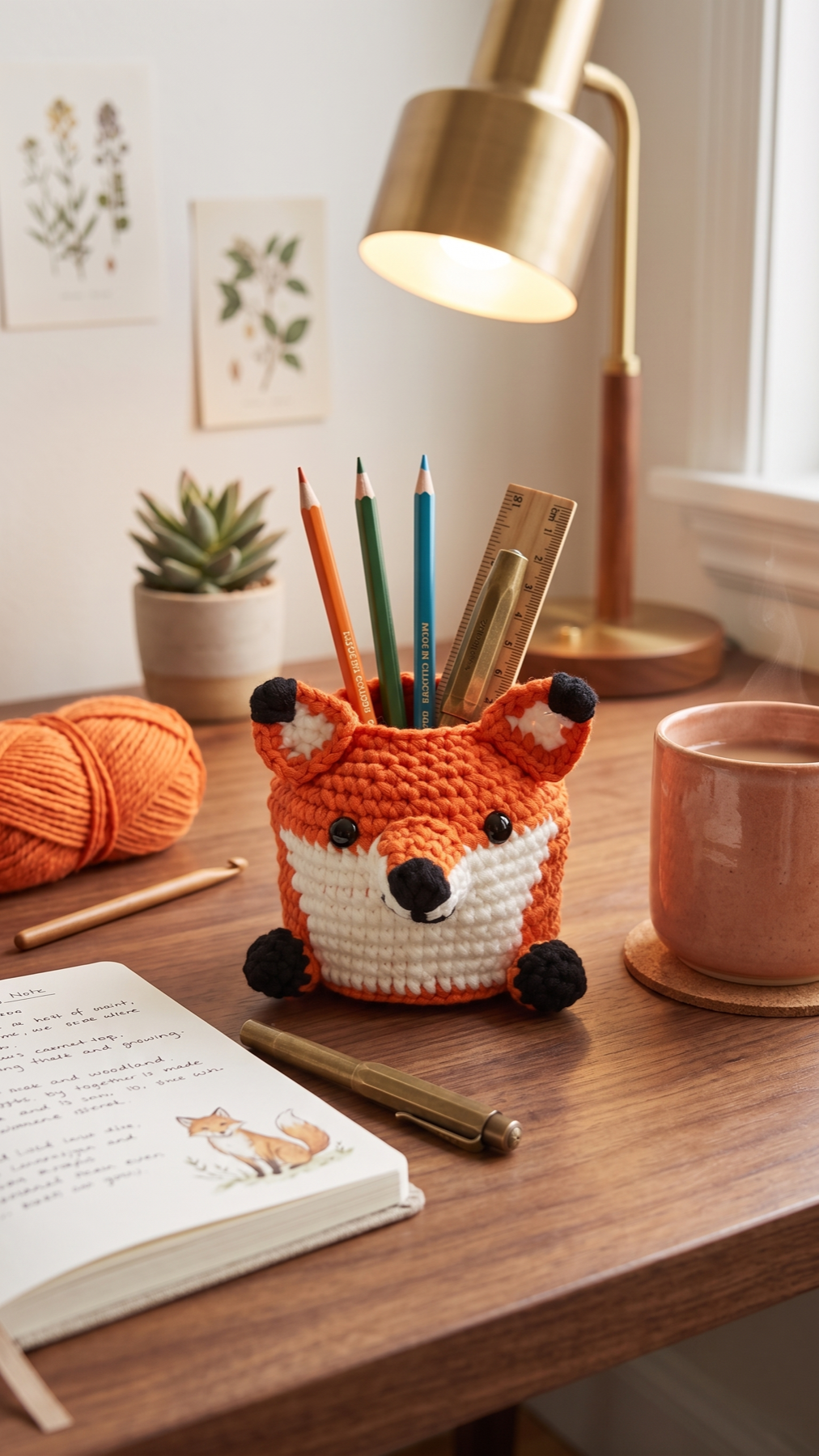 Red fox crochet pen holder holding pencils